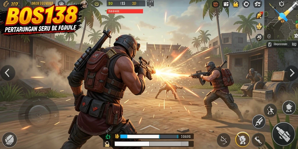 Screenshot gameplay BOS138 menampilkan aksi pertempuran intens di arena.