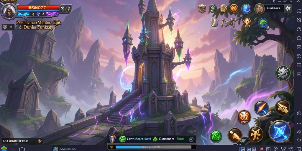 Tampilan gameplay mendebarkan dari BROMO77 saat pertahanan menara bertempur melawan gelombang musuh.