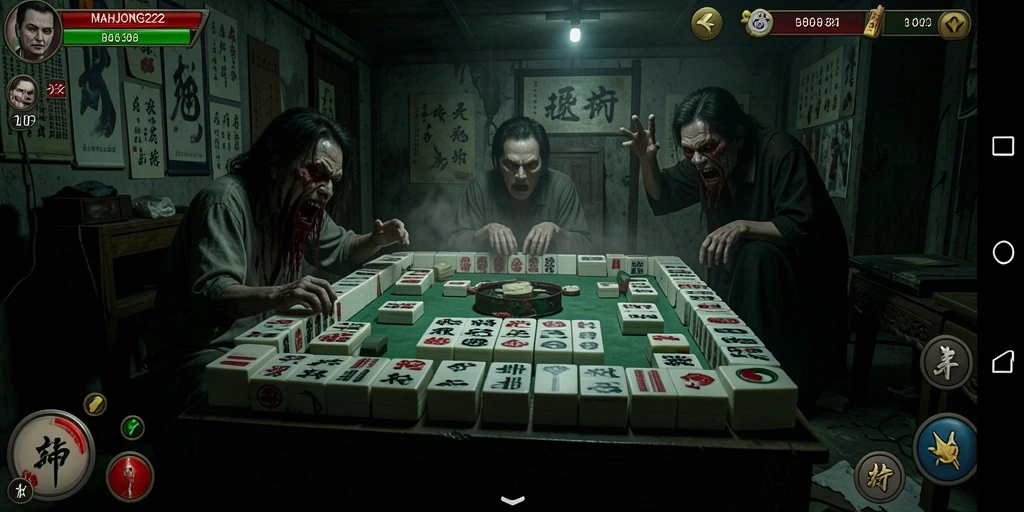 Screenshot gameplay MAHJONG222 yang menampilkan suasana menyeramkan dan tantangan yang mendebarkan.