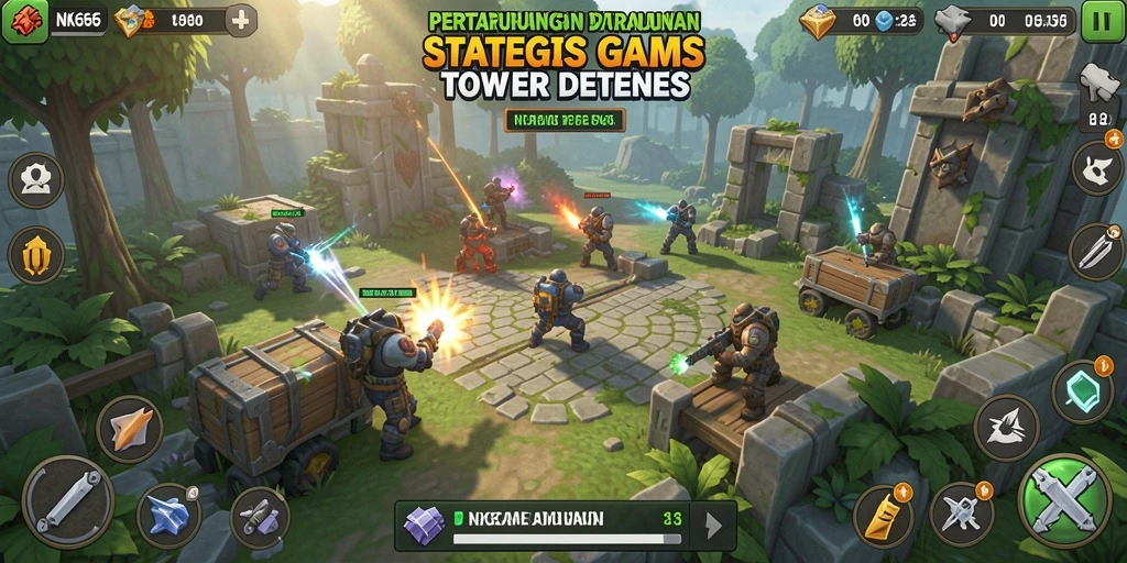 Screenshot gameplay NK666 menampilkan menara beraksi melawan gelombang musuh.