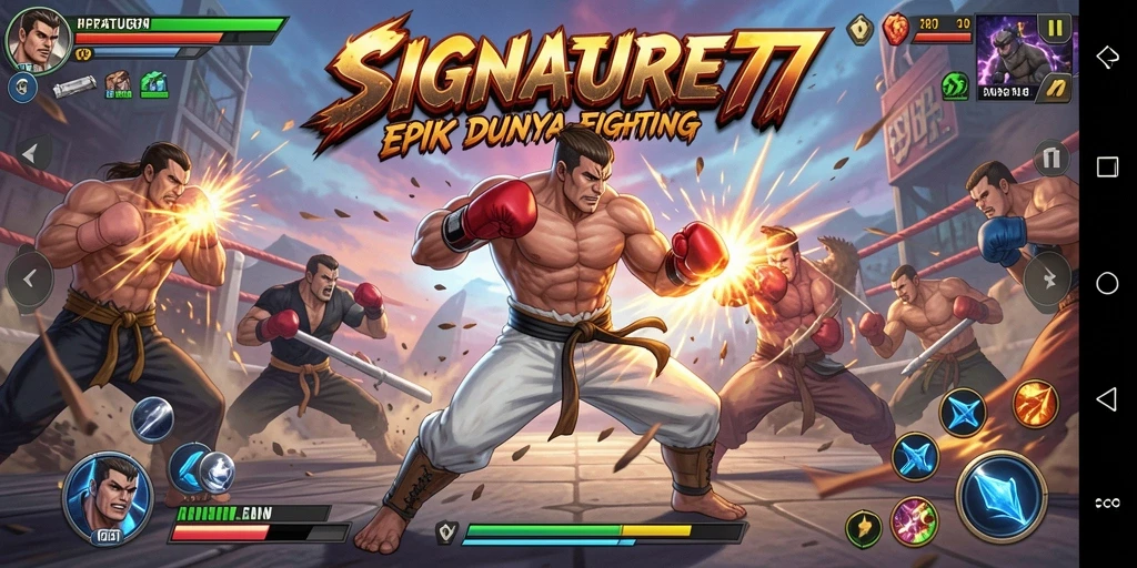 Screenshot SIGNATURE77 menunjukkan aksi pertarungan yang intens dan karakter-karakter yang kuat.