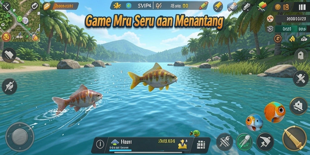 Tampilan gameplay <strong>SVIP4</strong> saat memancing ikan besar di danau.